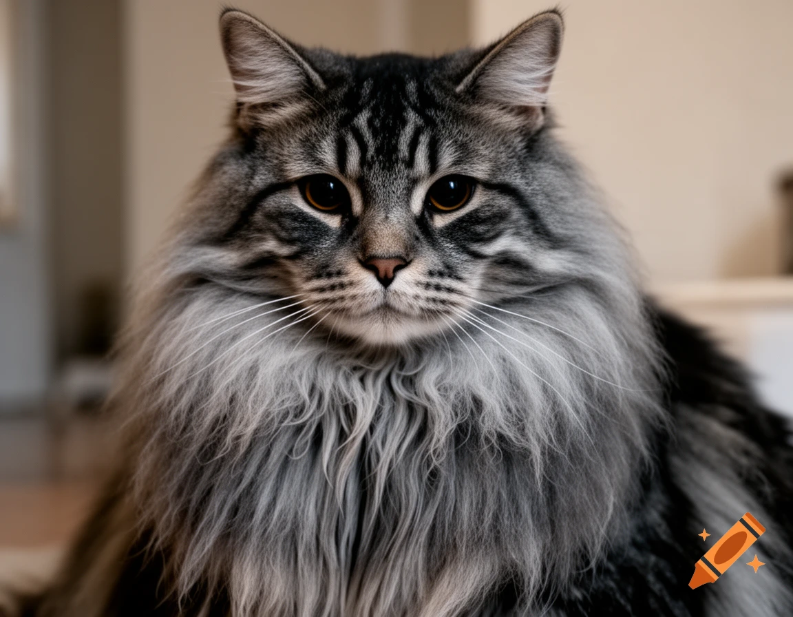 Close-up, front-facing portrait of a large, fluffy tabby cat with long grey and black streaked fur and amber eyes.