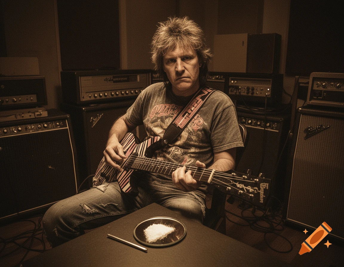 A man with messy hair and a guitar sits in a dimly lit studio, a line of white powder on a plate on the table in front of him.