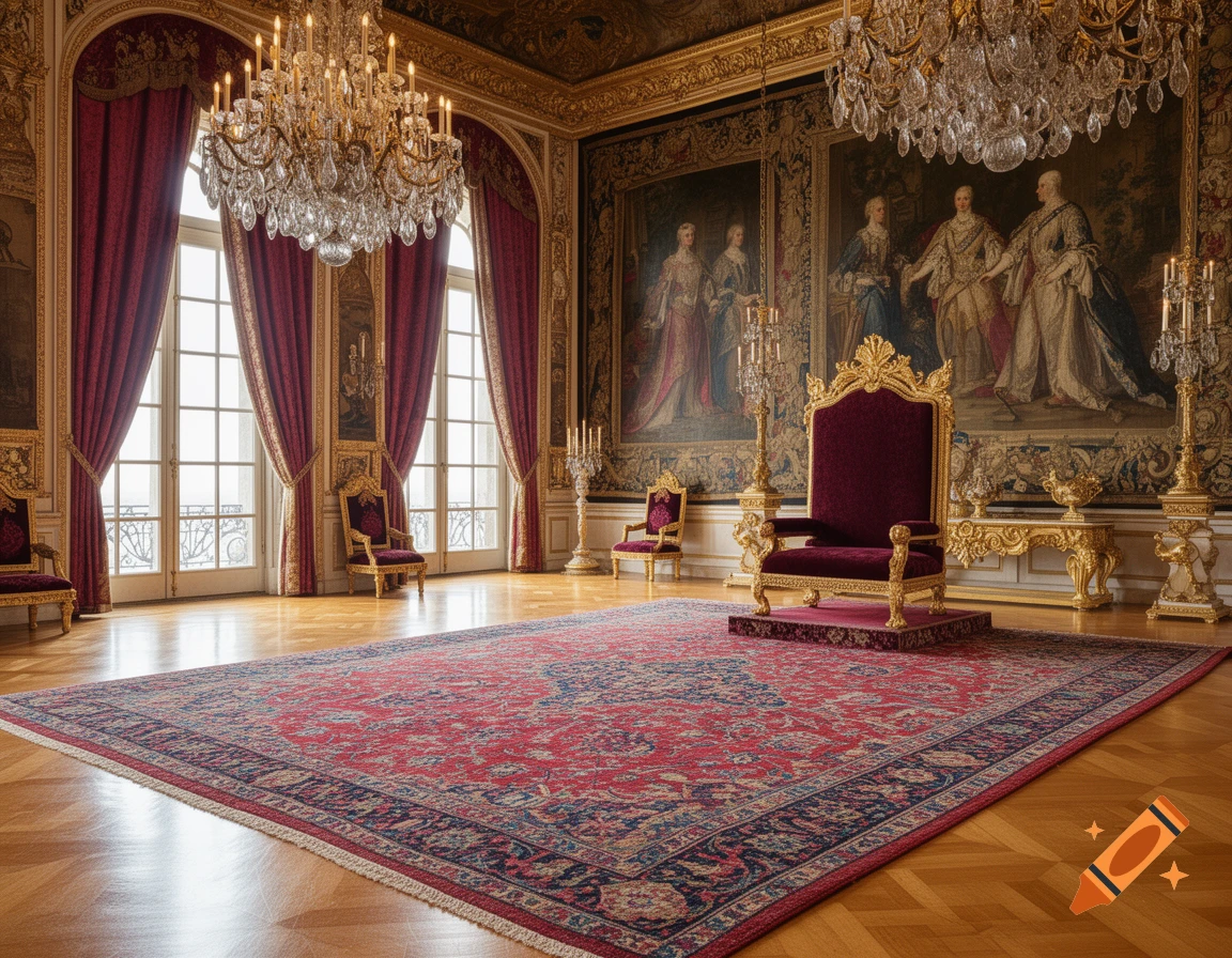 A grand, luxurious royal hall with crystal chandeliers, red velvet curtains, a gilded throne, and ornate tapestries on the walls.