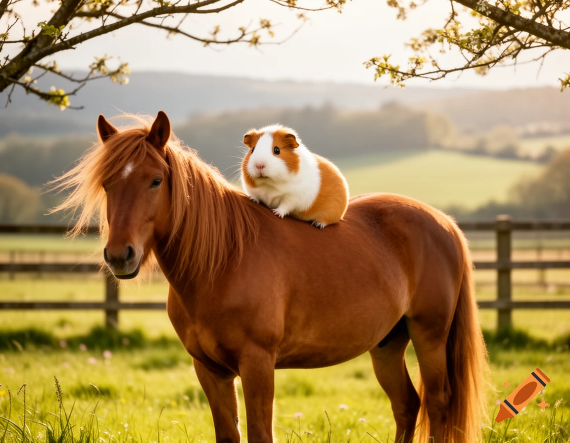 A fluffy brown and white guinea pig sits on the back of a brown horse in a sunlit green field under tree branches.