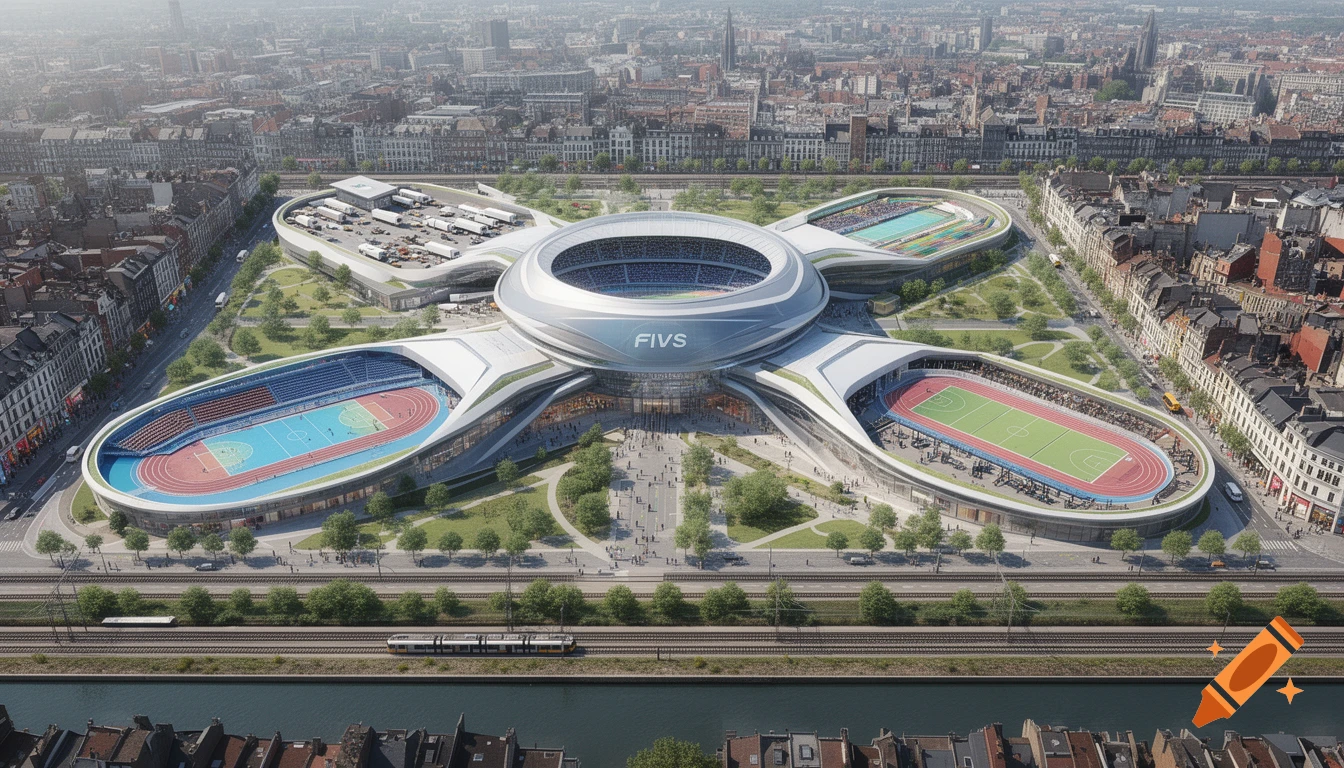 An aerial view of a futuristic, sprawling sports complex with a central arena and four elliptical arms containing various sports facilities, surrounded by a city and railway.