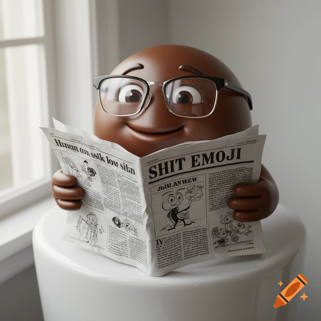 A smiling 3D poop emoji wearing glasses, sitting and reading a newspaper with "SHIT EMOJI" visible on the headline.