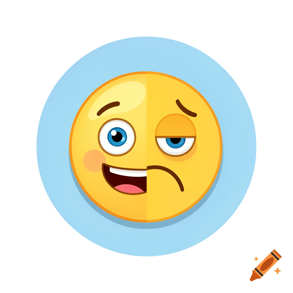 A yellow emoji face split in half, one side happy with a smile and wide blue eye, the other side sad/tired with a downturned mouth and half-closed eye, on a blue circle.
