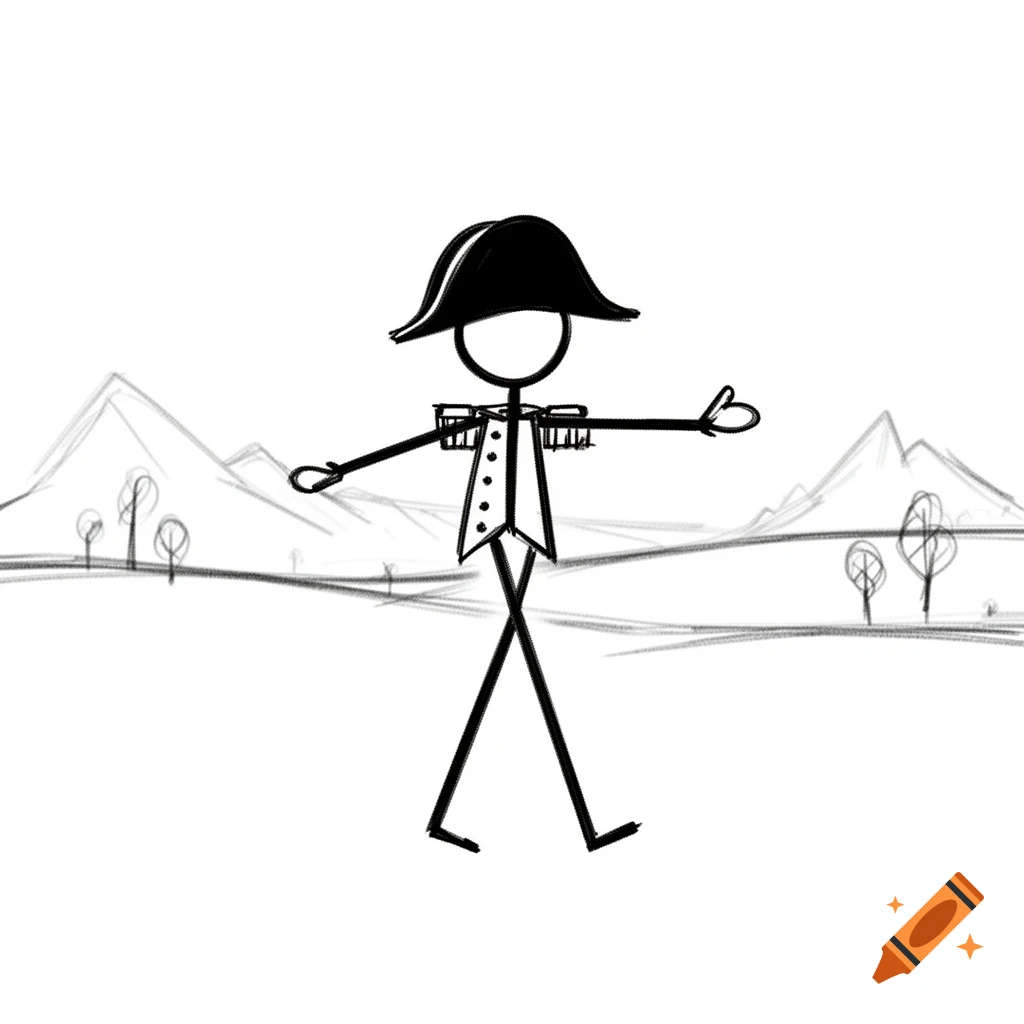 A stickman drawing depicting Napoleon in a bicorne hat and military uniform, walking in a sketched mountain landscape.
