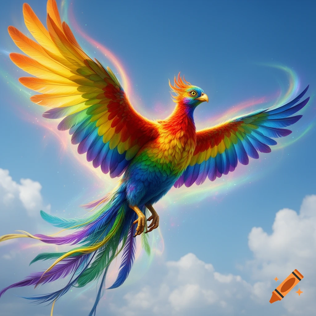 A vibrant rainbow phoenix with outstretched wings soars through a bright blue sky with wispy clouds, emitting a colorful aura.