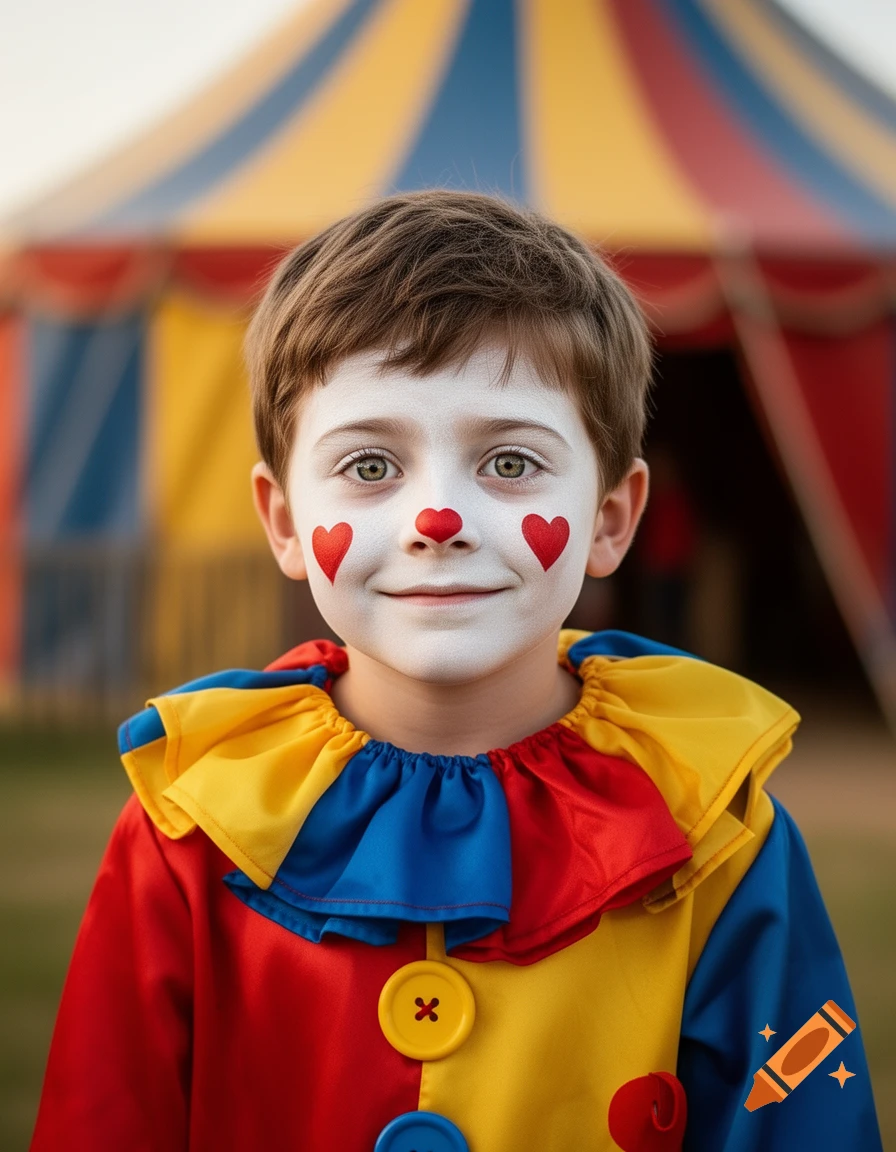 A smiling young boy in a colorful clown costume with heart-shaped face paint, standing in front of a circus tent.