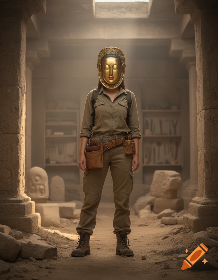 A full-body shot of an archaeologist wearing a golden Buddha mask, standing in dusty ancient ruins.