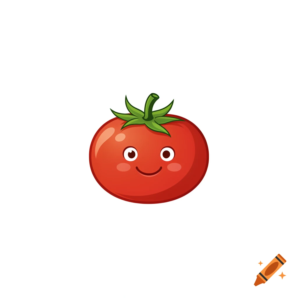 A cartoon red tomato with a green stem and leaves, featuring a happy face with white eyes and a wide smile.