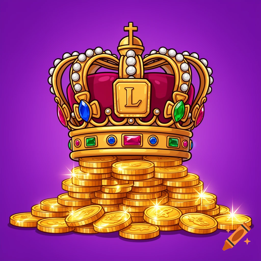 Cartoon golden crown with an 'L' sits on a sparkling pile of gold coins against a vibrant purple background.