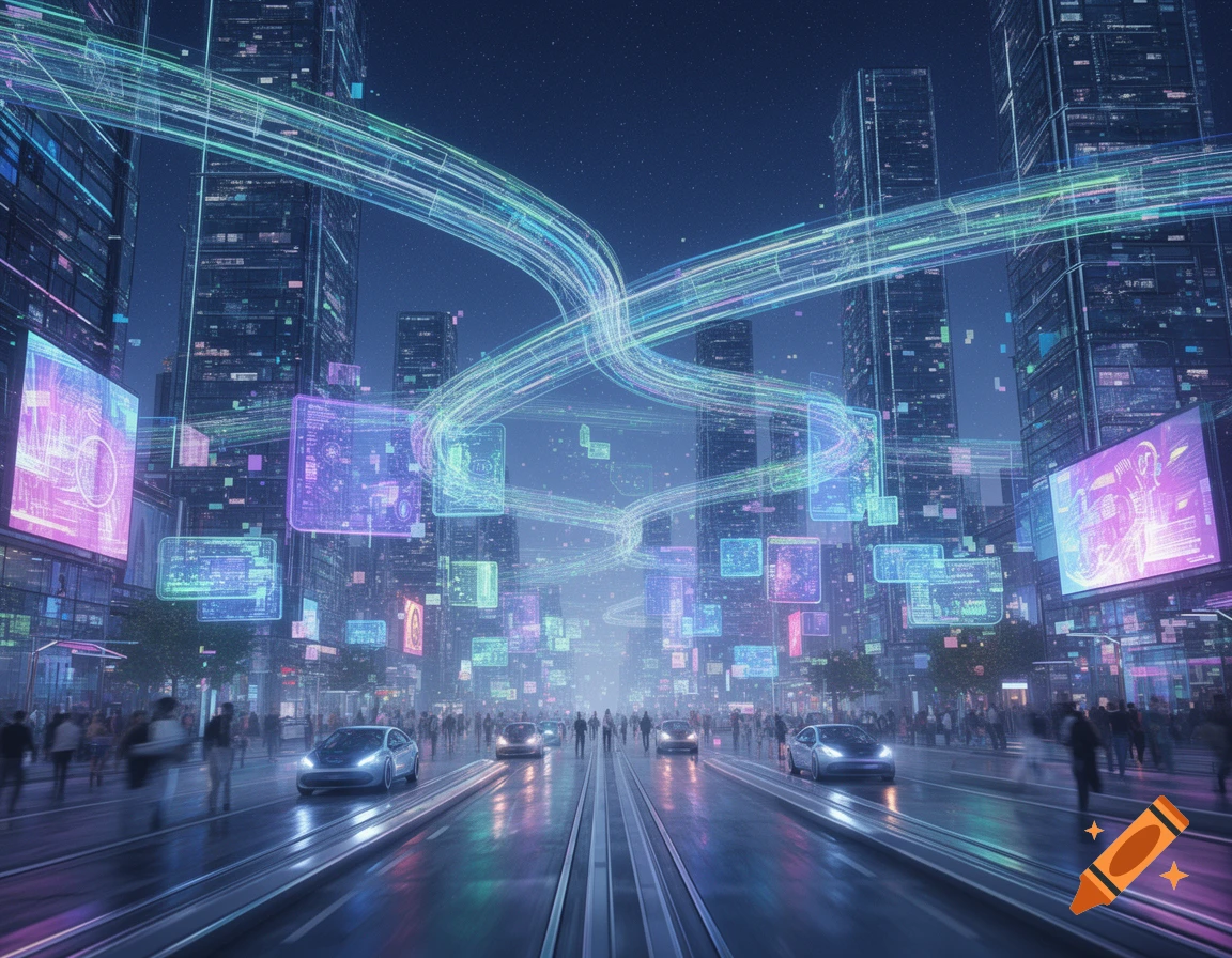 A nighttime futuristic city with tall buildings, glowing data streams, holographic screens displaying abstract code, sleek cars, and pedestrians.