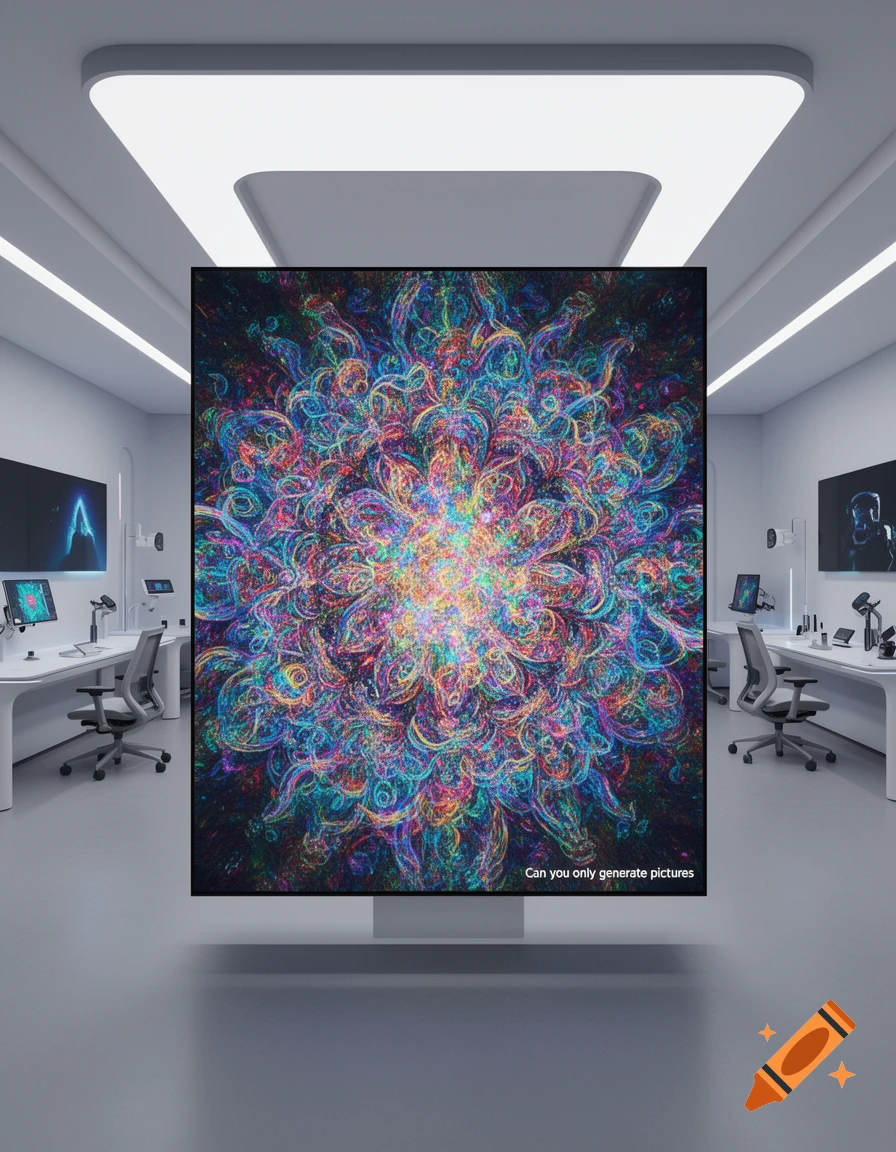 A vibrant abstract digital artwork with swirling, colorful patterns displayed on a large screen in a modern white office.