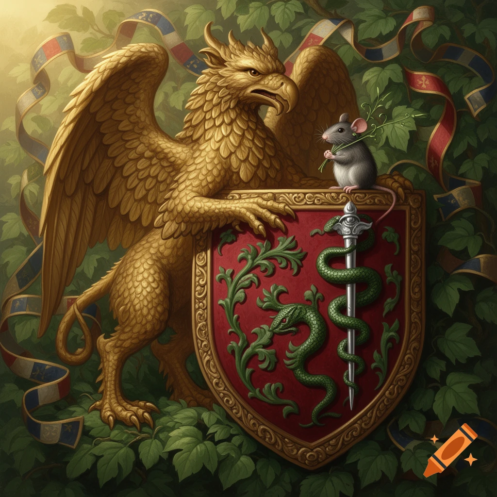 A golden griffin holds a medieval red shield with two green snakes and a sword, as a mouse holds a sprig, surrounded by foliage and banners.