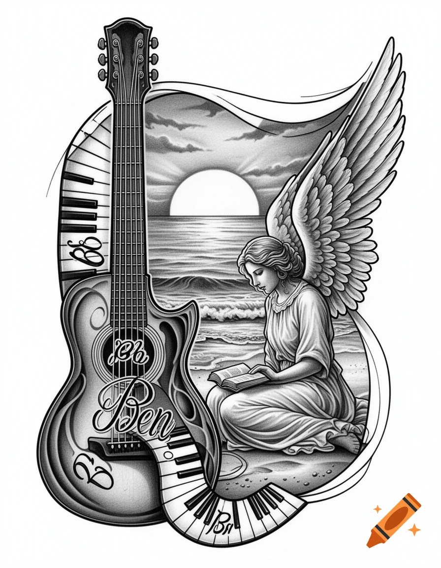 Black and grey tattoo design of an angel reading on a beach at sunset, framed by an acoustic guitar and piano keys.