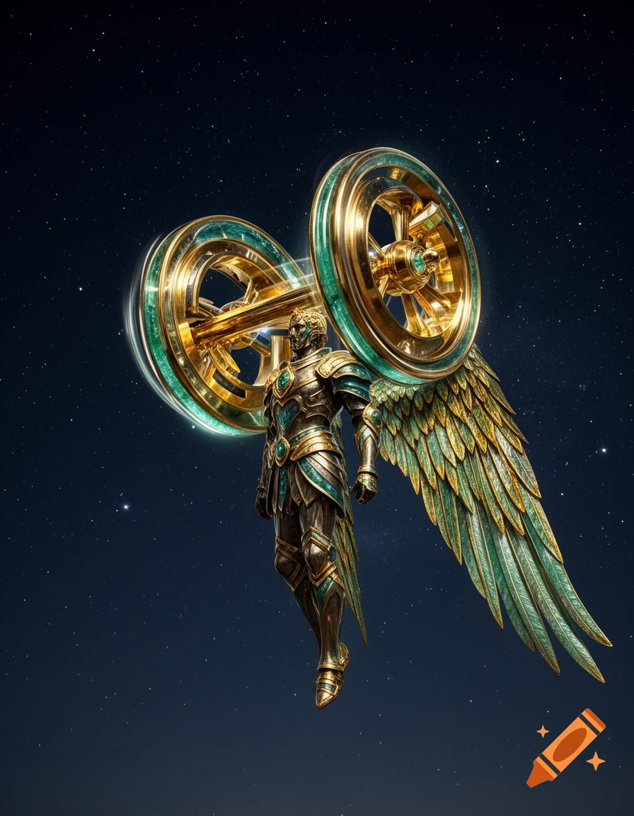 An armored fallen angel with a head made of two interlocking gold and emerald wheels and a single large wing floats in a starry night sky.