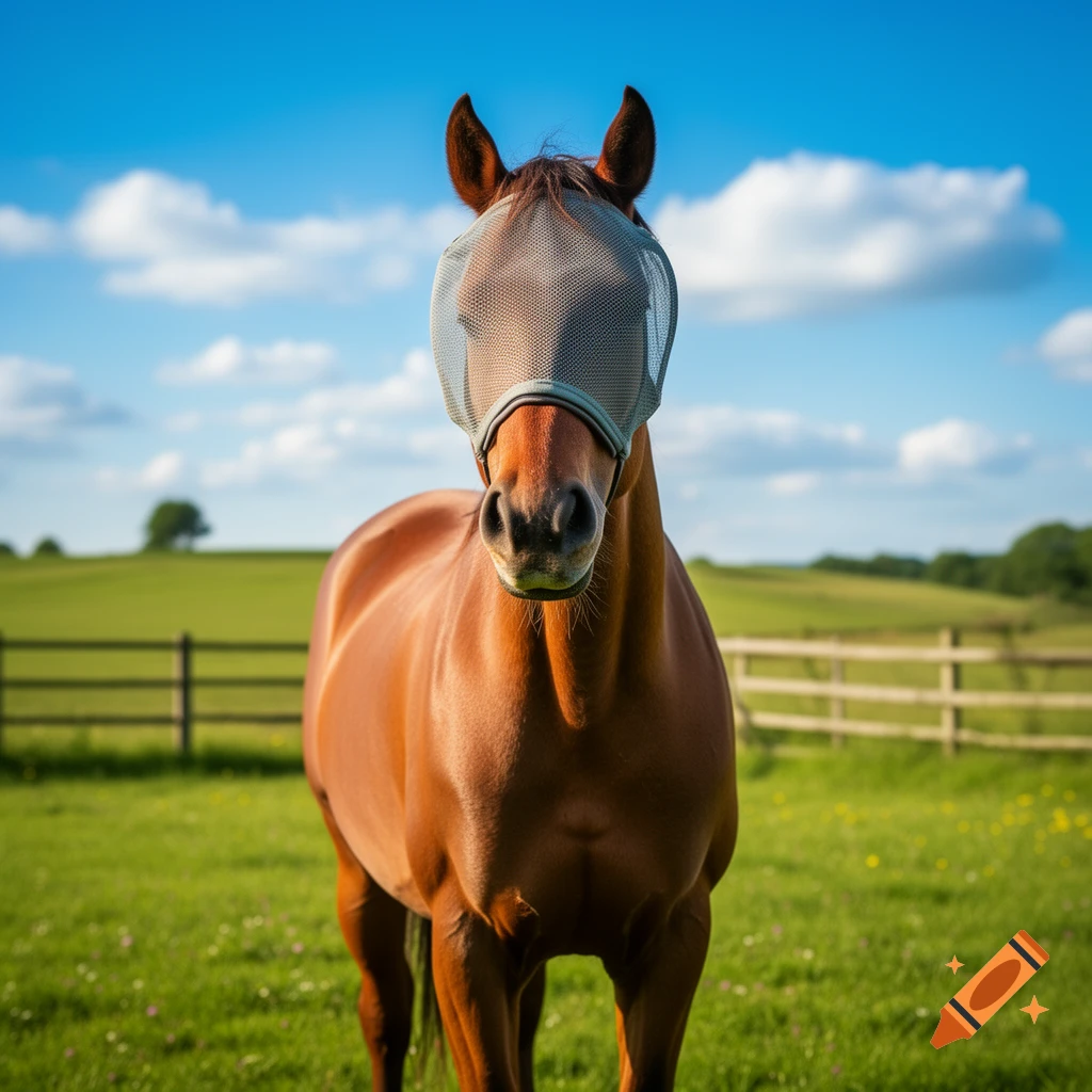 A brown horse wearing a grey mesh fly mask stands in a green field under a bright blue sky with white clouds.