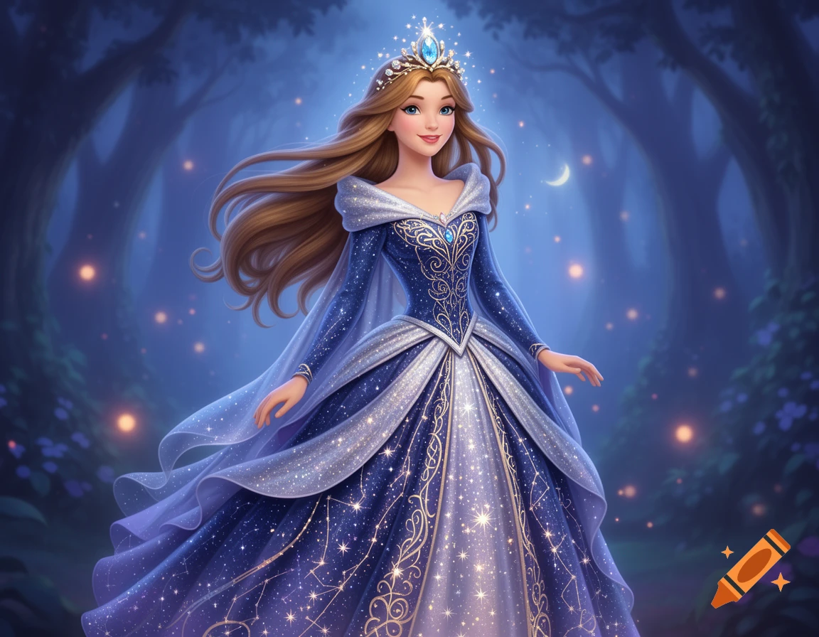 A fairytale princess with long blonde hair and a sparkling blue gown covered in stars and constellations, stands in a magical forest at night.
