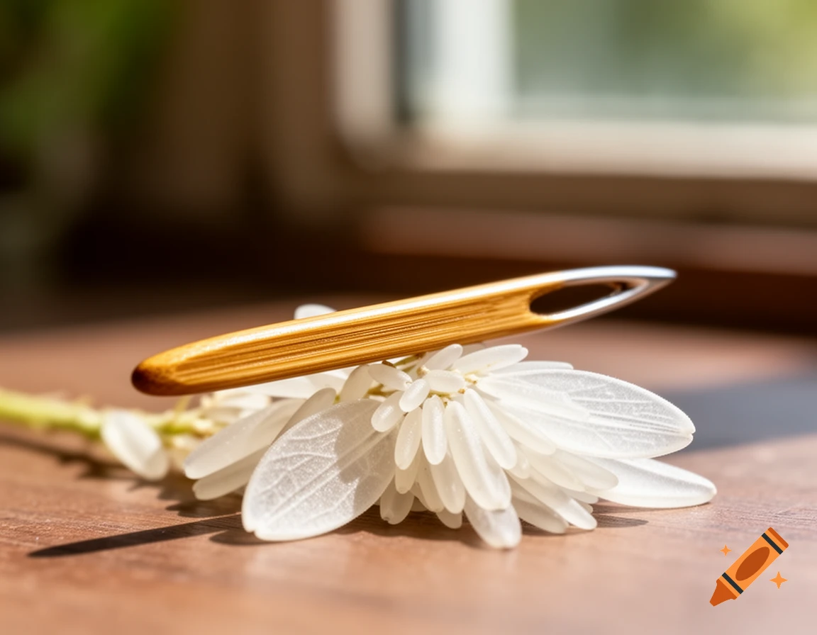 A bamboo sewing needle with a silver eye rests on a delicate white flower, on a wooden surface in warm sunlight.
