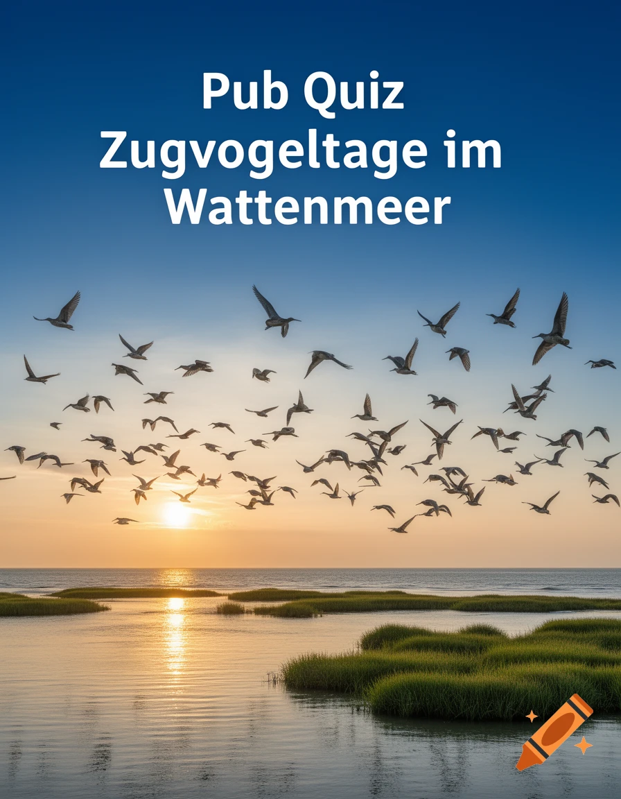 A large flock of birds flies over a tranquil seascape with marsh grass at sunset, with the text "Pub Quiz Zugvogeltage im Wattenmeer" displayed prominently at the top.