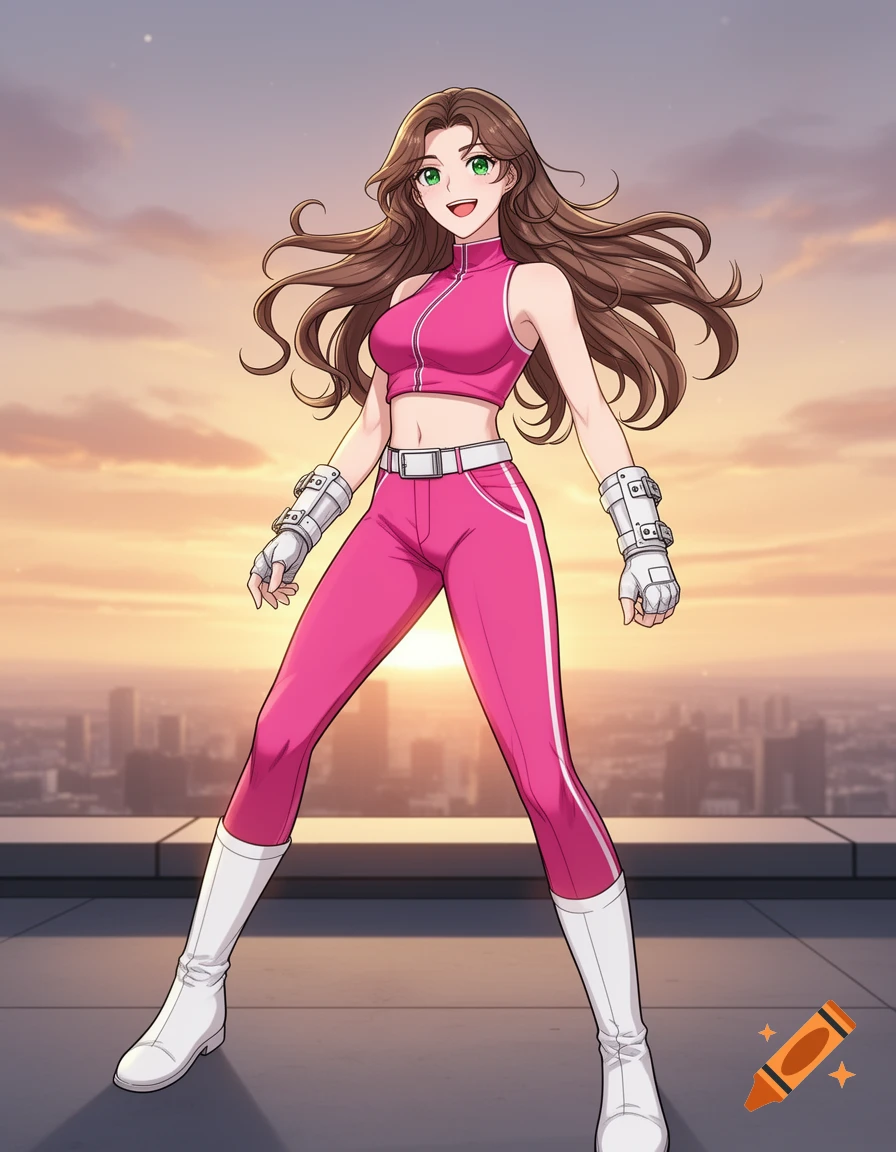 A manhwa-style young woman in a pink athletic outfit and white boots stands on a rooftop against a sunset cityscape, smiling cheerfully.