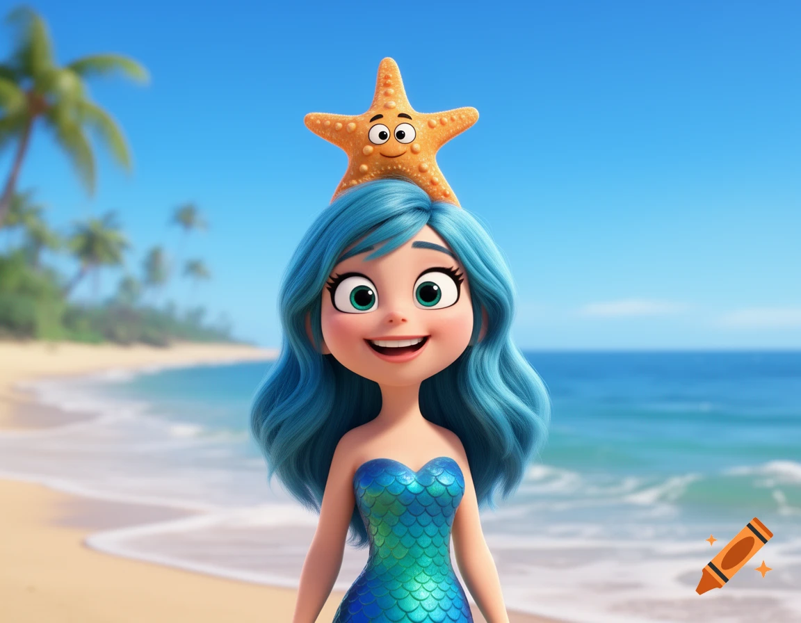 A smiling cartoon mermaid with blue hair and a starfish on her head stands on a sunny beach.
