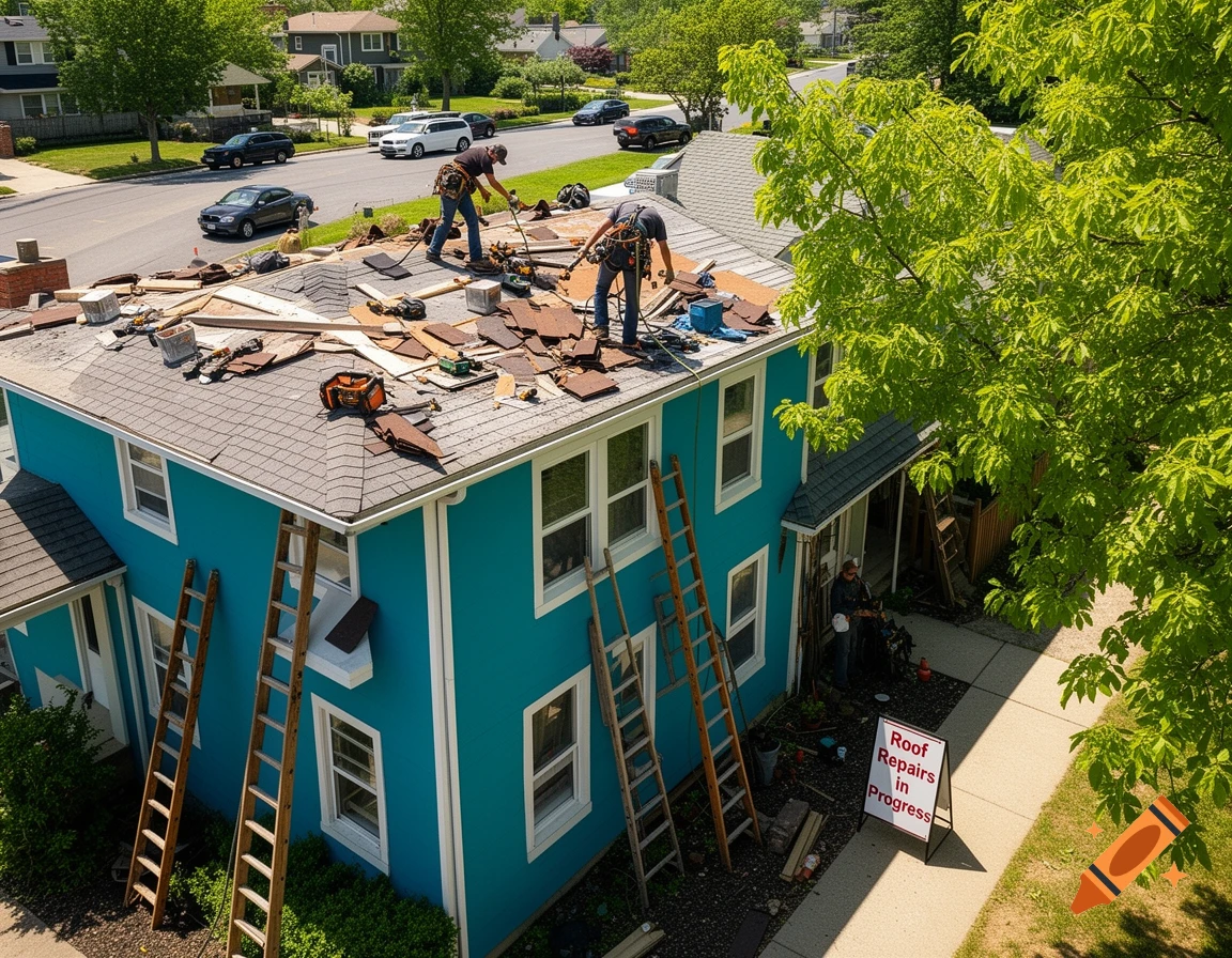 Aerial view of two workers repairing a roof on a teal house, with ladders leaning against walls and a 'Roof Repairs in Progress' sign on the ground.