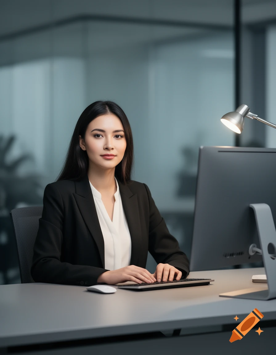 A young woman in a black blazer and white shirt sits at an office desk, typing on a keyboard with a computer monitor and lamp nearby.