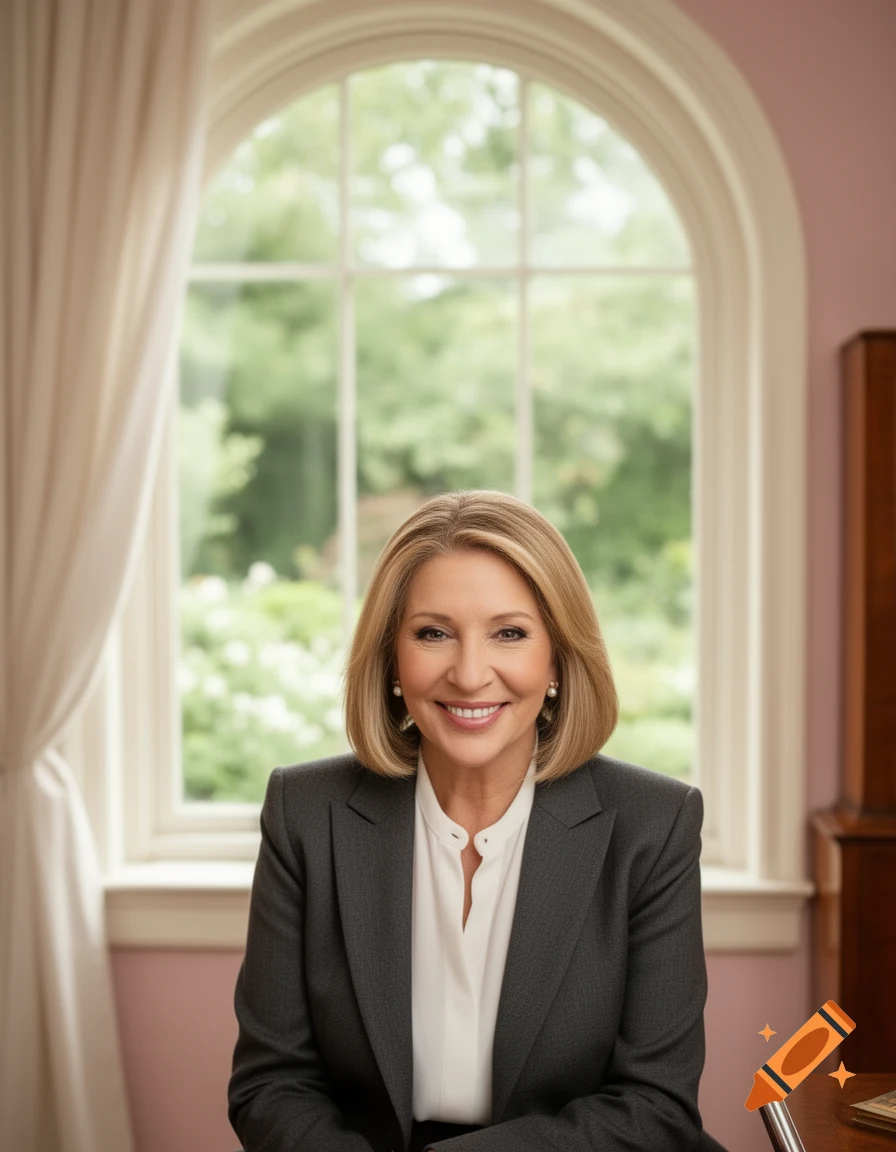 Photorealistic portrait of a smiling woman resembling Barbra Streisand in a dark suit, sitting by an arched window.