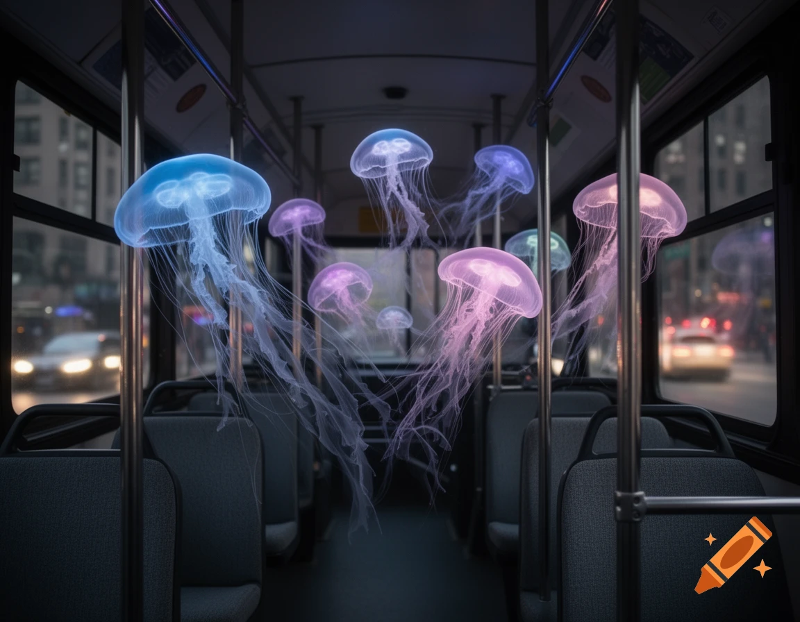 Glowing blue and pink jellyfish float through the aisle of a dark bus at night, with city lights visible outside.