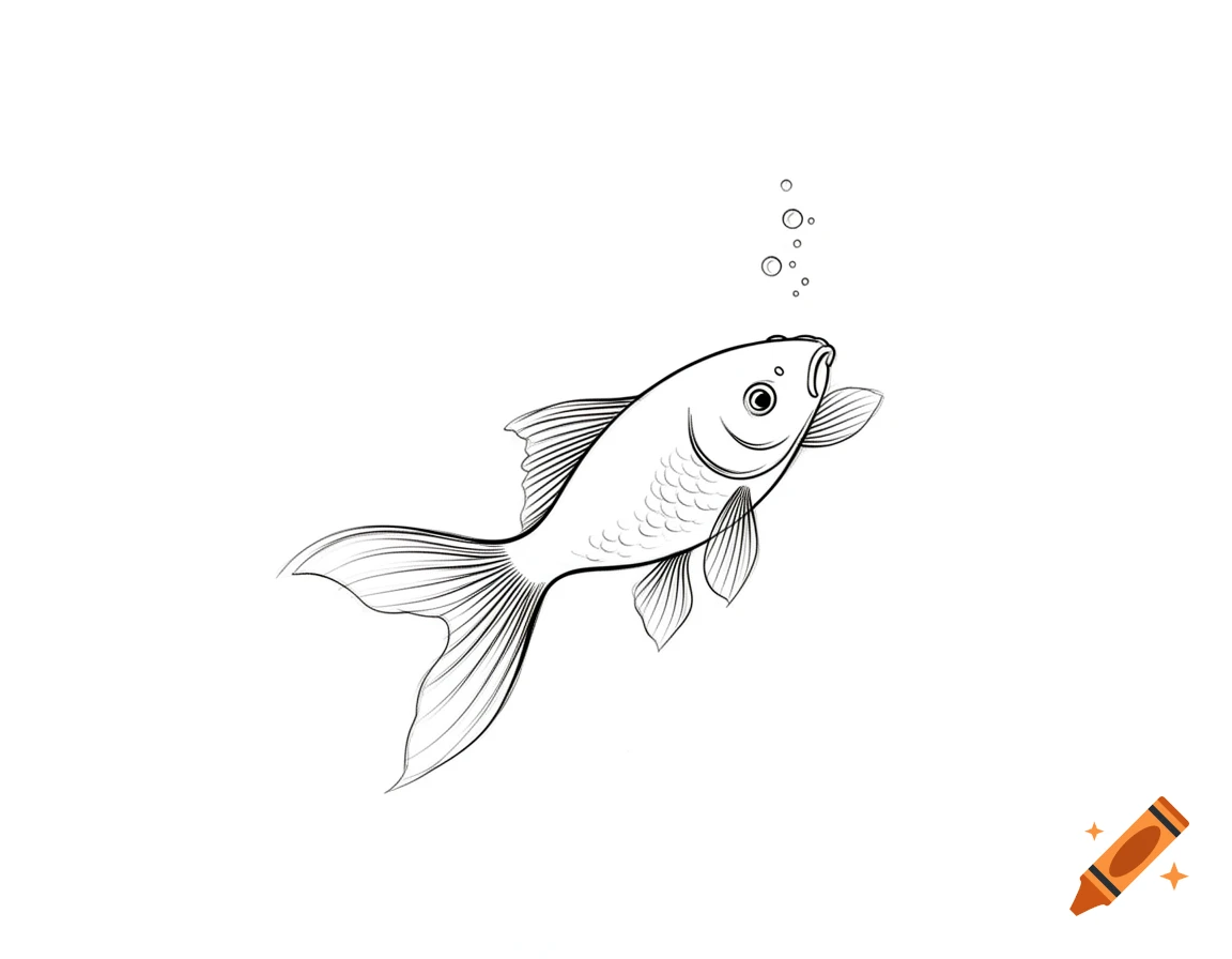 A simple black and white line art illustration of a fish with bubbles.