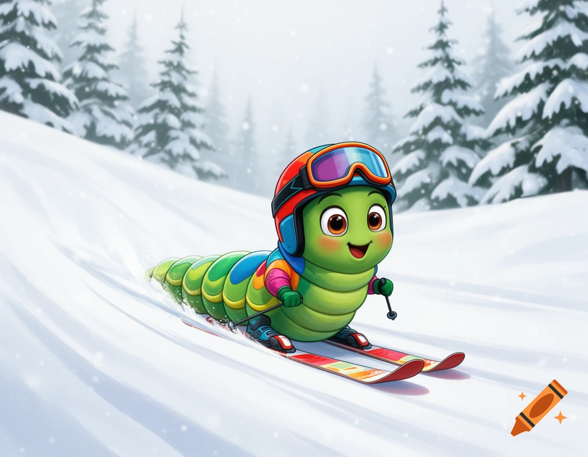 A cute, green cartoon caterpillar wearing a ski helmet and goggles, happily skiing down a snowy mountain slope.