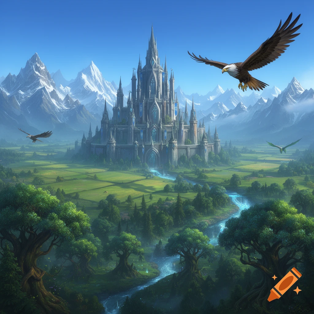 A grand fantasy castle in a lush valley with a winding river, towering snow mountains, forests, and eagles soaring in a clear blue sky.