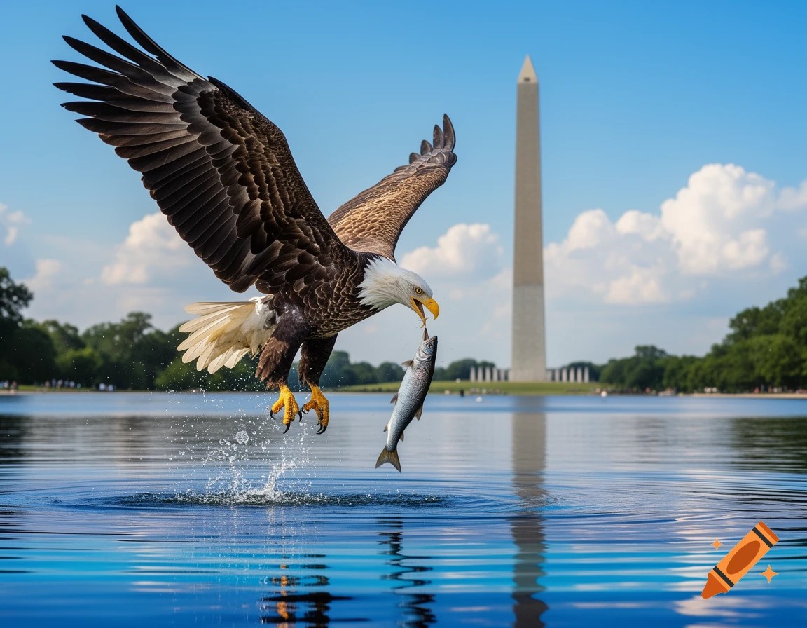 Photorealistic image of a bald eagle catching a fish from a vibrant blue reflecting pool, with the Washington Monument in the background.