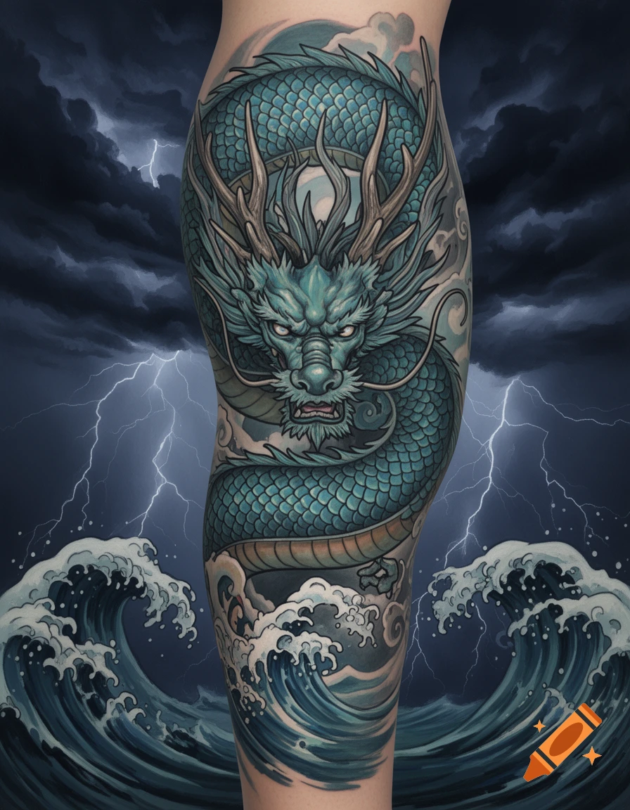 Vibrant full-sleeve tattoo of a teal Korean dragon over ocean waves and a stormy sky with lightning.