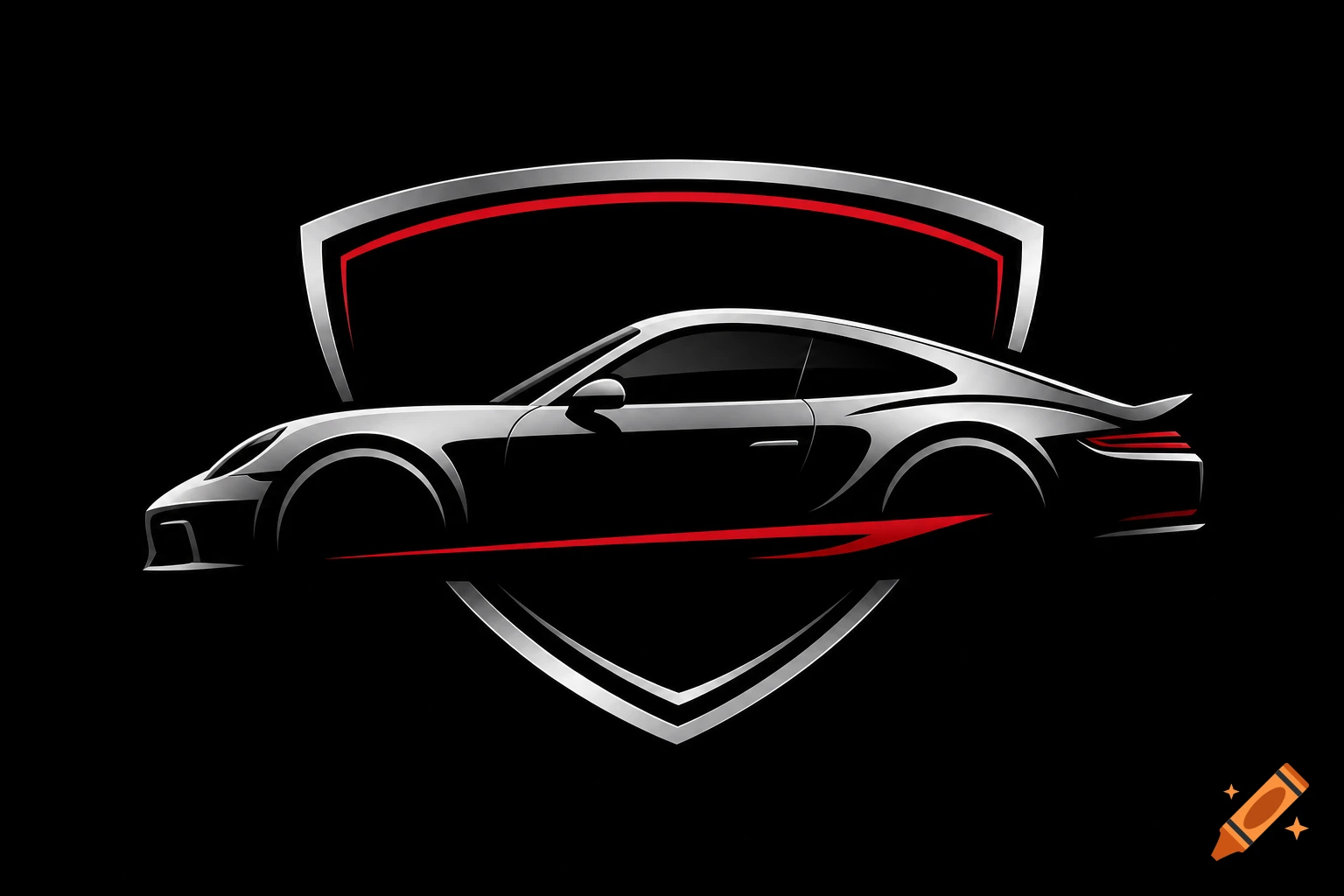 Stylized silver sports car with red accents within a shield logo on a black background.