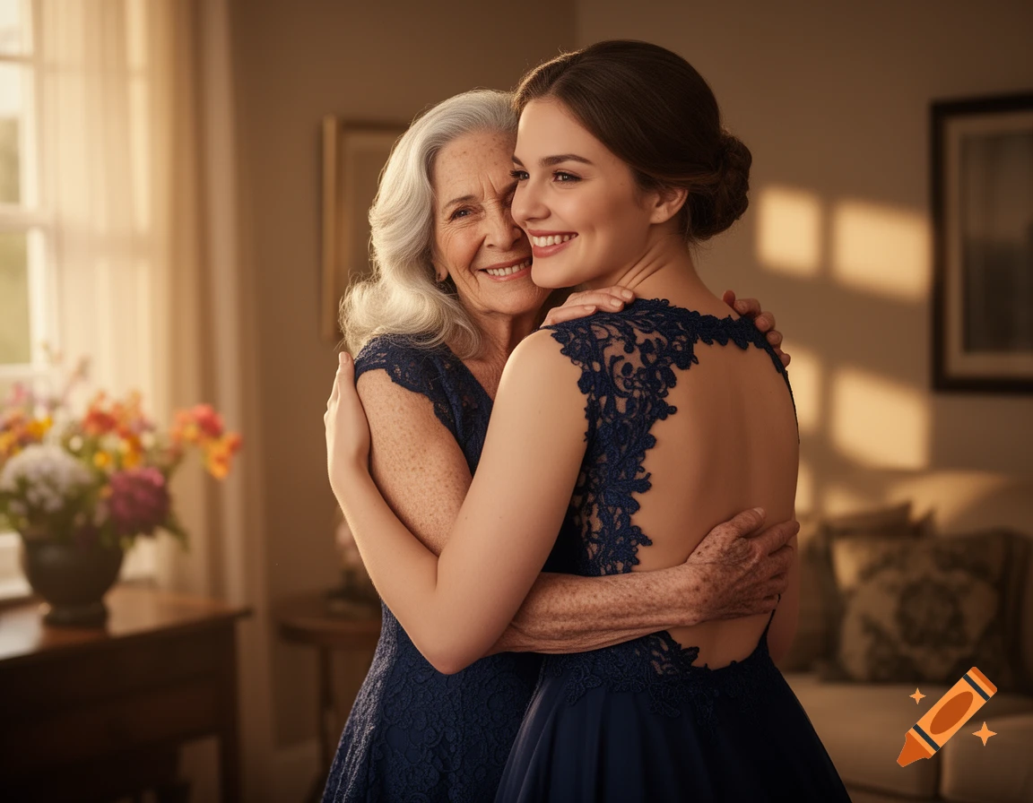 A smiling older woman with grey hair hugs a young woman in a navy lace-backed dress, in a warmly lit indoor setting.