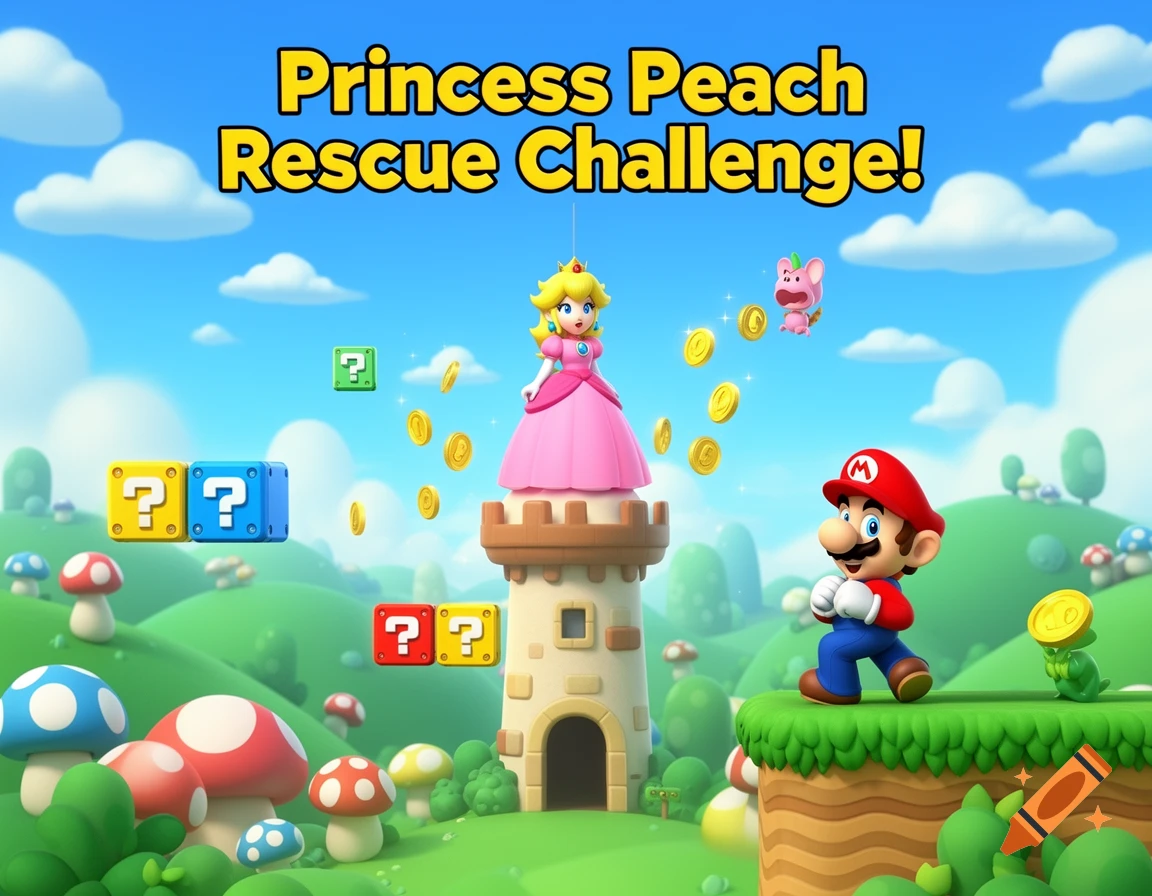 Super Mario and Princess Peach on a tower with question blocks and coins in a vibrant, cartoony landscape, text 'Princess Peach Rescue Challenge!'