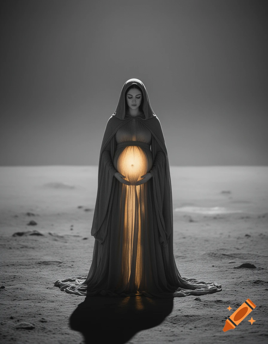 Monochromatic image of a cloaked pregnant woman with a glowing belly standing in a desolate landscape.