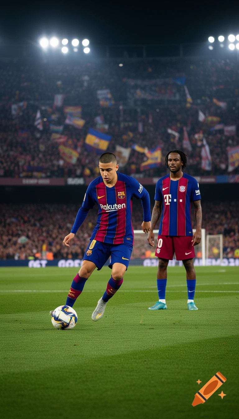 Two photorealistic soccer players on a field during a night game. One player in a blue and red striped jersey dribbles the ball while another player stands.