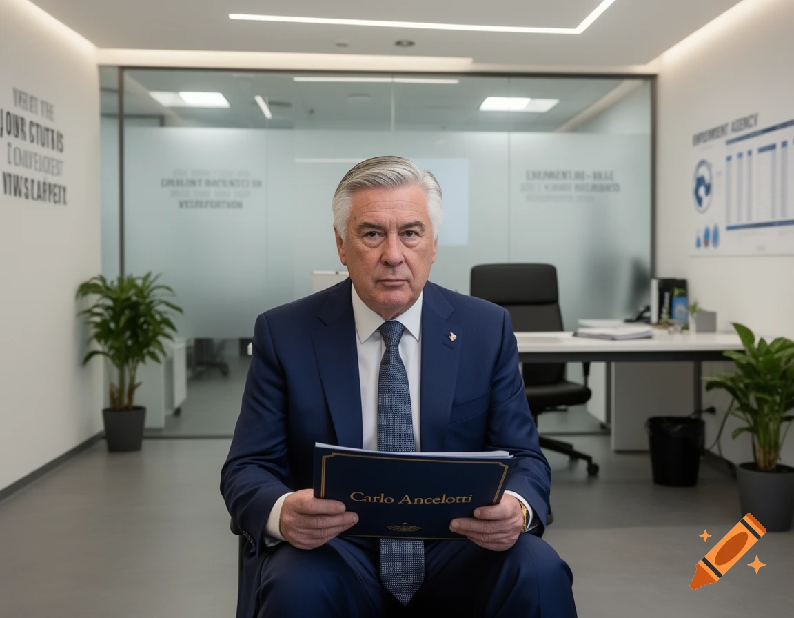 Photorealistic portrait of a serious older man in a navy suit holding a folder, sitting in an office with blurred text on walls.