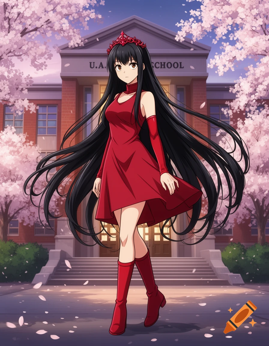 Anime girl with long black hair, red dress, boots, and crown in front of U.A. School with cherry blossoms.