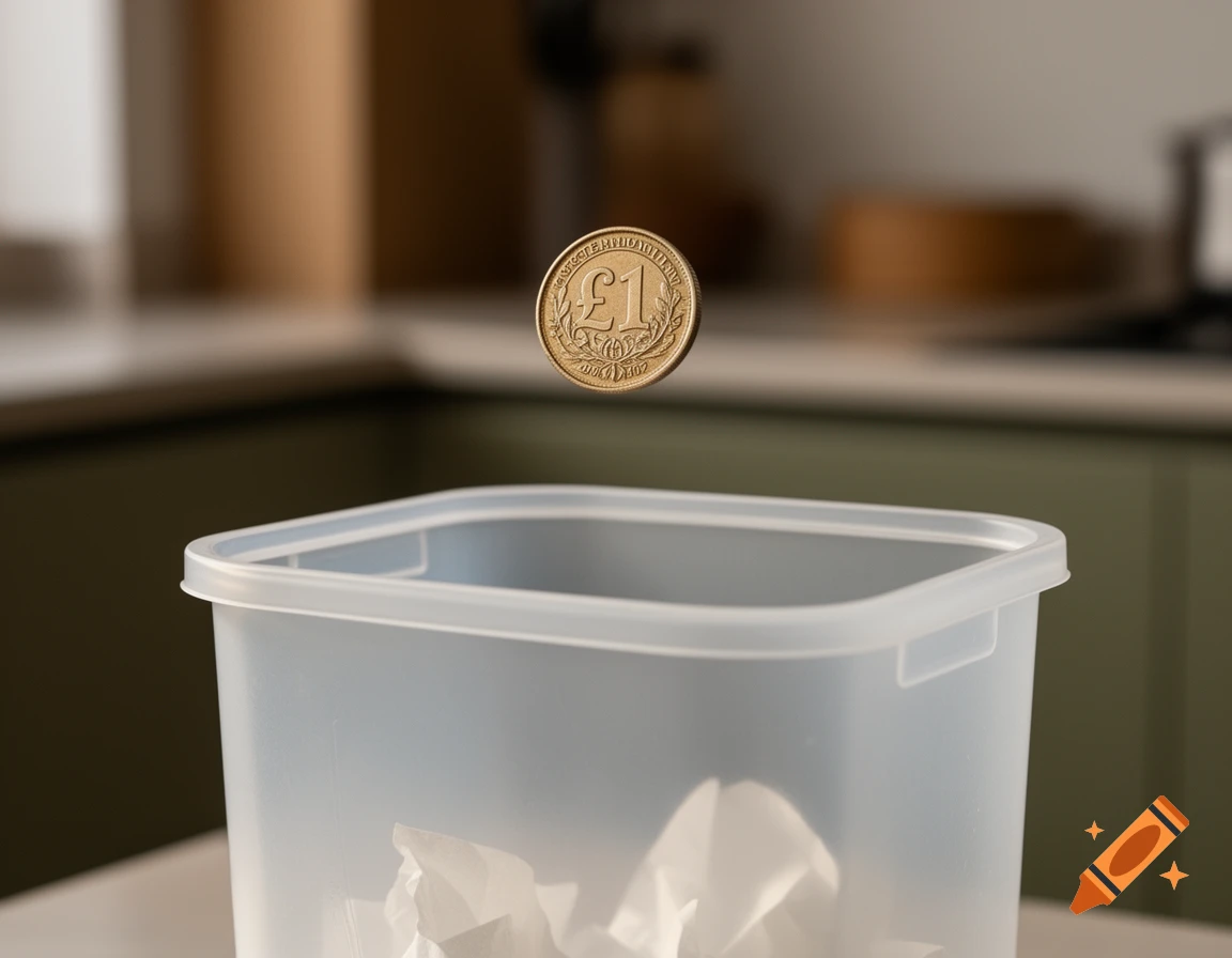 A British one pound coin floats above a translucent plastic bin with crumpled white paper inside, set in a blurred kitchen background.