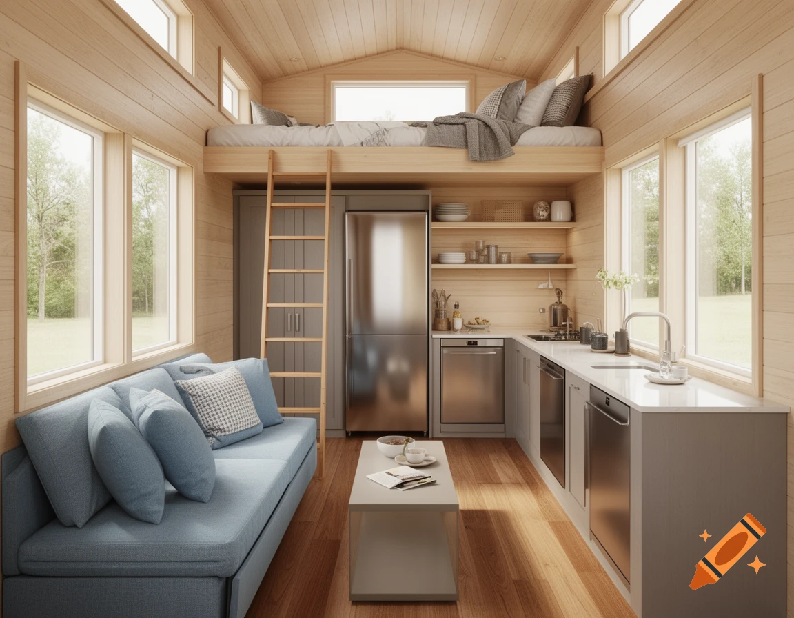 Photorealistic interior of a modern tiny house with a living area, kitchen, and a loft bedroom accessible by a ladder.