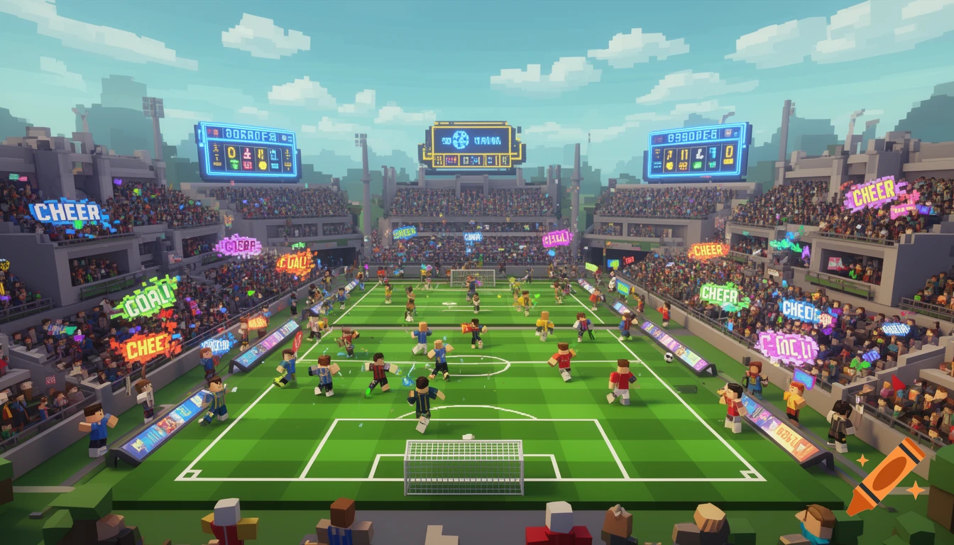 Voxel art aerial view of a vibrant soccer match in a packed stadium with players and cheering crowds.