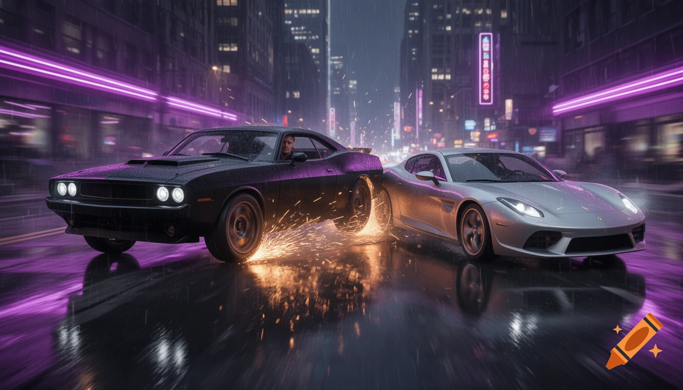 A matte-black muscle car pit-maneuvers a silver sports car on a wet, neon-lit city street at night, sending sparks flying in a high-speed cinematic shot.