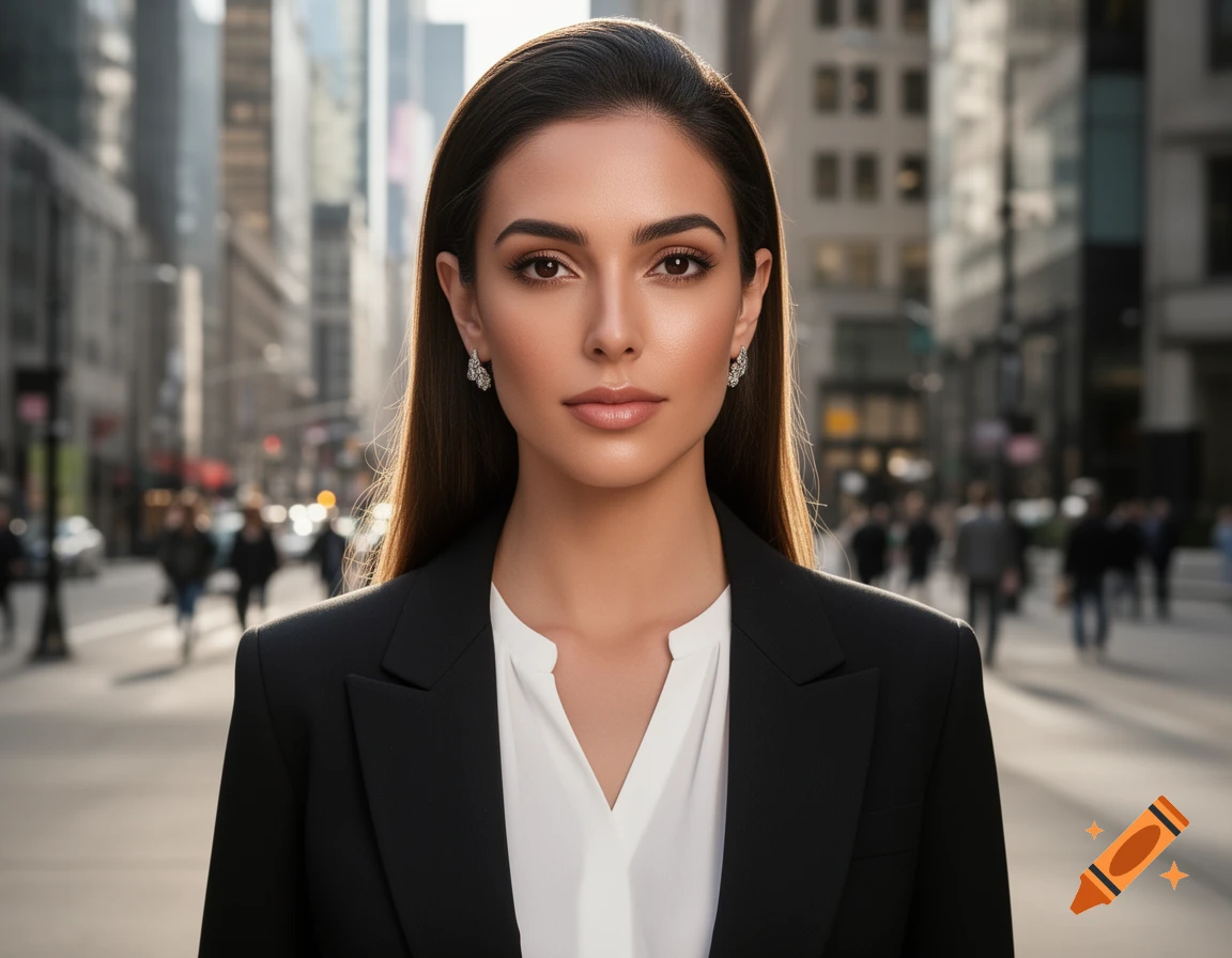 A photorealistic portrait of a young woman with long dark hair, wearing a black blazer and white shirt, standing on a city street.