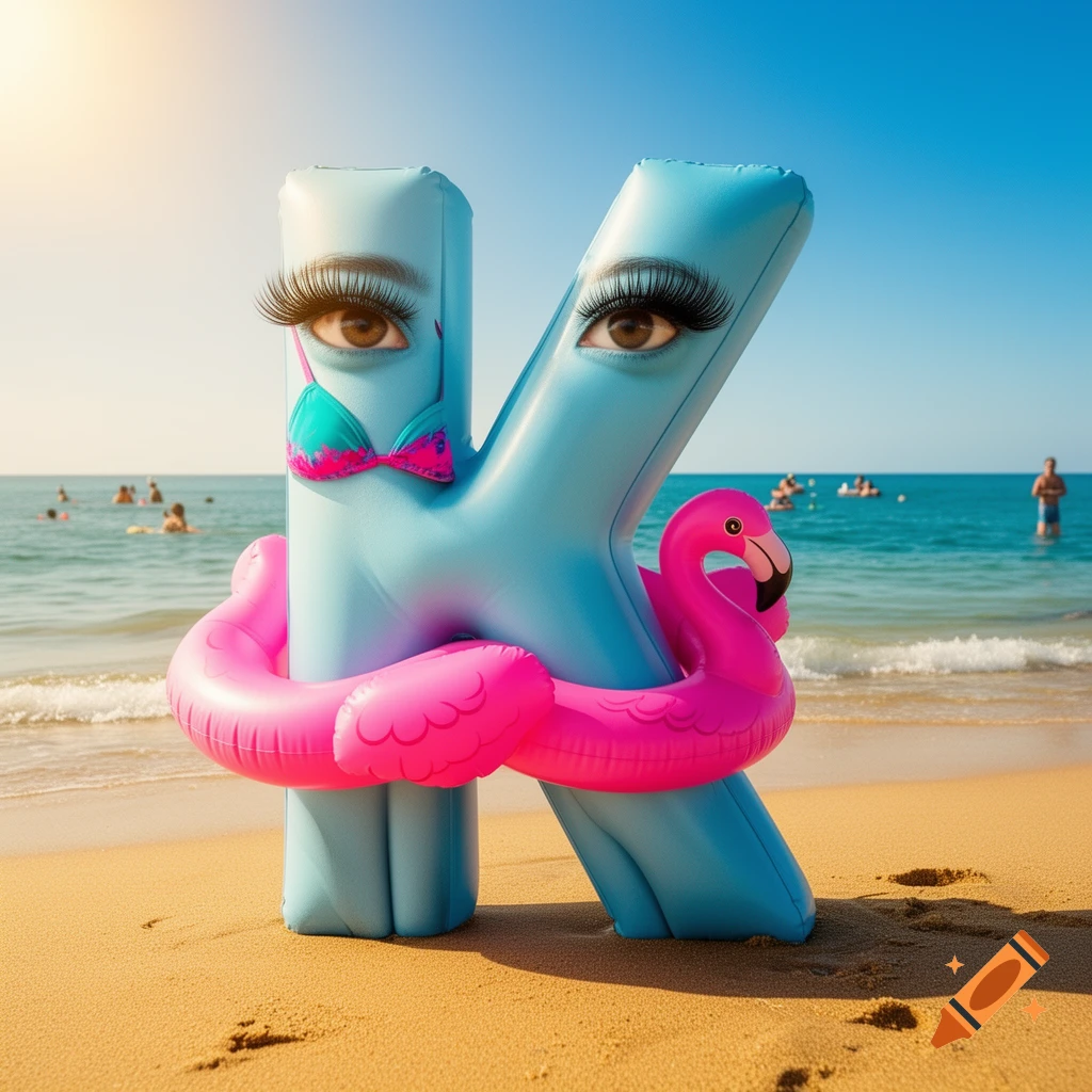 Photorealistic image of a light blue inflatable letter K with human eyes, eyelashes, and a bikini top, wearing a pink flamingo float ring on a sandy beach by the ocean.