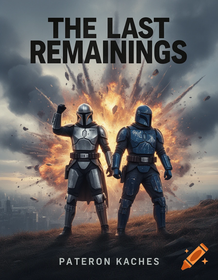 Book cover with two armored figures resembling Mandalorians on a hill, an explosion behind them, and a distant city. Title 'THE LAST REMAININGS'.