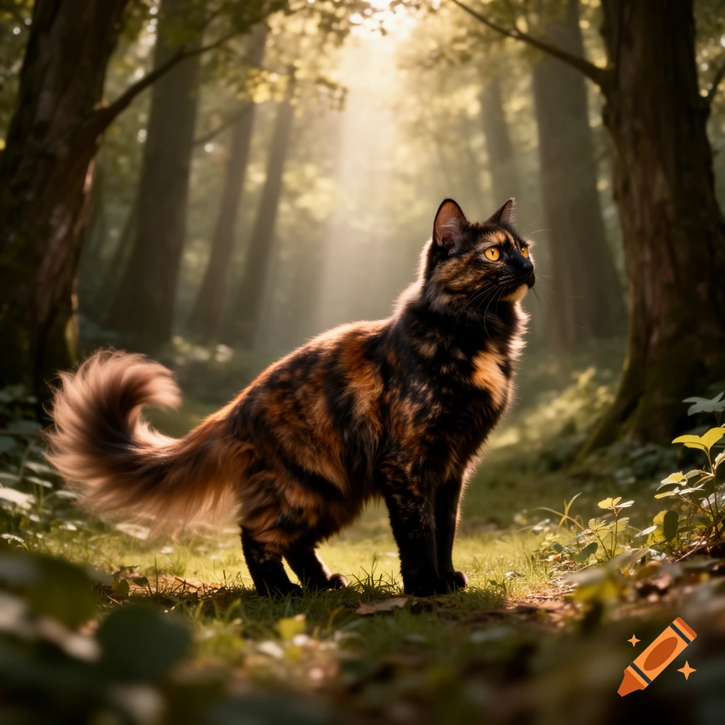 A smoky tortoiseshell cat with golden eyes and a fluffy tail stands in a sun-dappled forest, looking up and to the right.