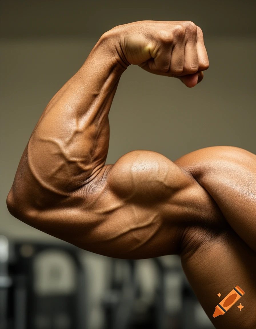 Close-up photorealistic shot of a strong, muscular arm flexing, revealing prominent veins and definition, with a blurred gym background.