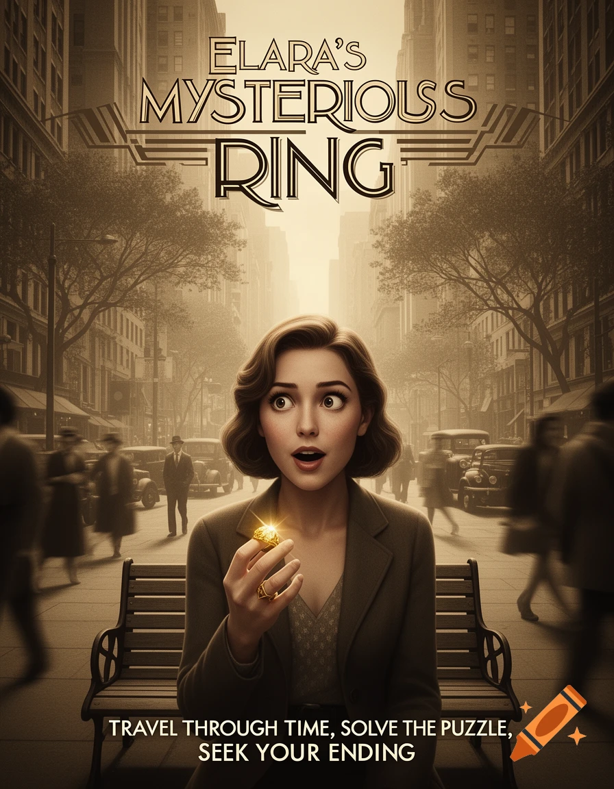 A vintage-style game poster shows a wide-eyed woman holding a glowing ring in a 1930s city street with text 'Elara's Mysterious Ring'.